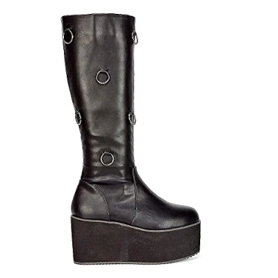Image of ESSEX GLAM Womens Platform Boots Ladies Wedge Heel Knee Calf High Black Synthetic Leather Goth Punk Size 3 8