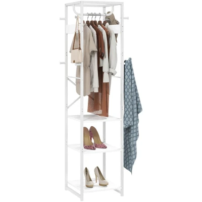 Image of HOMCOM Coat Rack, Freestanding Stand with 3 Shelves and 8 Hooks, Clothes for Entryway, Hallway, Bedroom, 170 x 38.5 30 cm, White Wood Grain