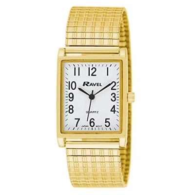 Image of Ravel Gents White Rectangle Dial Goldtone Expander Bracelet Strap Dress Watch R0220.01.1
