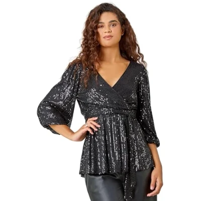 Image of Roman Womens Embellished Sequin Stretch Wrap Top Black Size 10 UK