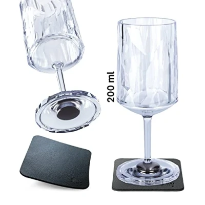 Image of silwy Magnetic System, high tech Plastic Glasses and Metal Nano Gel Pads Non Slip, Camping, Boat Yacht Accessories (Wine/0.3 l/Set of 2 /Clear)