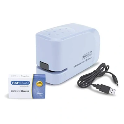 Image of Rapesco 1452 626EL Automatic USB/Battery Stapler with 1000 26/6mm Staples, 15 Sheet Capacity, Powder Blue