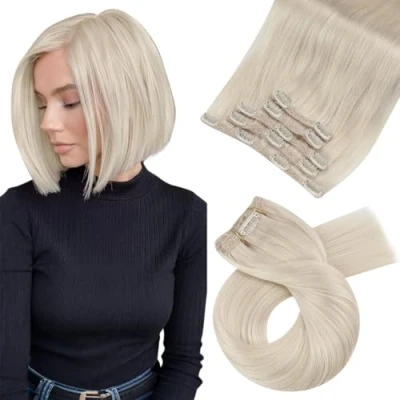 Image of Moresoo Clip in Hair Extensions Real Human Blonde 10 Inch Platinum Remy Straight 5 Pieces/80g #60