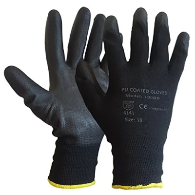Image of 24 Pairs Black PU Coated Safety Grip Work Gloves Nylon Liners Ideal For Mechanic Builders Construction (XL)