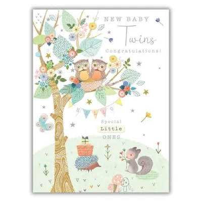 Image of Noel Tatt New Baby Twins Congratulations Card &#039;Special Little Ones&#039; Cute Owls and Animals with Floral Tree Eco Friendly Recyclable Made in England