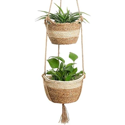 Image of KAHEIGN Hanging Seagrass Planter Basket, 2 Size Woven Plant Pot Indoor Outdoor Flower Pots Cover Storage Basket Containers for Home Decor (Beige)