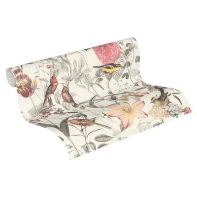 Image of Floral Wallpaper Exotic Life Non Woven 10.05 m x 0.53 Red Yellow Grey Made in Germany by Livingwalls 372761 37276 1