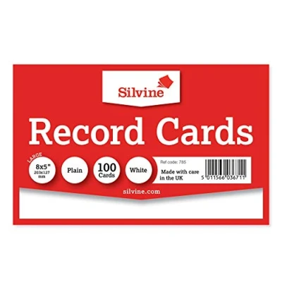 Image of Silvine 8x5&quot; White Record cards Plain, 100 per pack. Ref 785 (203 x 127mm)