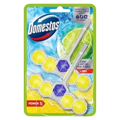 Image of Domestos Power 5 Lime toilet Rim Blocks 2x 50 g freshener with a long lasting fragrance clean and freshen for up to 300 flushes