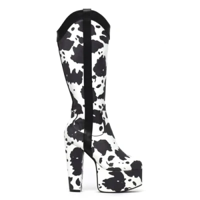 Image of LAMODA Women&#039;s Cowgirl Knee High Platform Boots, Black and White Cowprint Ladies Western Cow Print Length Boots with Heel Zip UK6