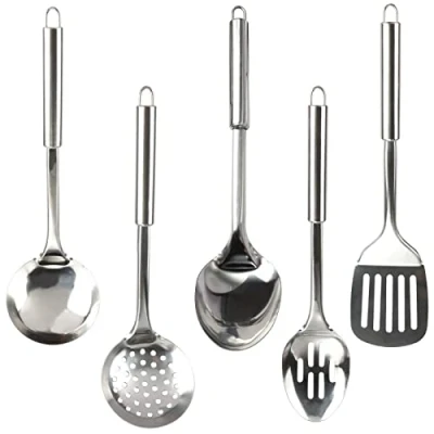 Image of Sunallwell Cooking Utensils Set Heat Resistant Kitchen Stainless Steel Spoons Spatula Non Stick Tools Includes Ladle Slotted Turner Skimmer Spoon Solid