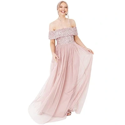 Image of Maya Deluxe Women&#039;s Ladies Bardot Dress Maxi Embellished Hight Empire Waist Sleeveless Tulle for Wedding Guest Prom Graduation Bridesmaid, Frosted Pink, 12