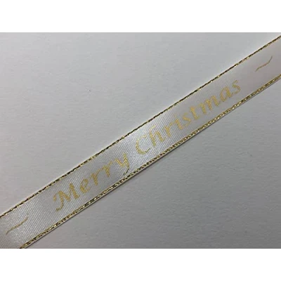 Image of Merry Christmas White Satin Ribbon with Gold Edge 15mm x 1 Metre Cut from roll