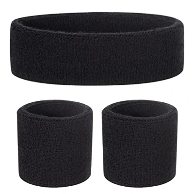 Image of ONUPGO Kids Sweatbands Headband Wristband Set Athletic Cotton Sweat Band for Sports (1 + 2 Wristbands) (Black)