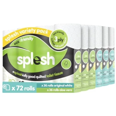 Image of Splesh by Cusheen 3 ply Toilet Roll Soft, Quilted Bulk Rolls, Eco Friendly Tissue Loo Made in UK 72 Rolls (White 36s) &amp; (Aloe