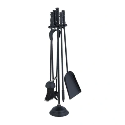 Image of Relaxdays Fireplace Tool Set, 5 Pieces, Poker, Ash Shovel, Broom, Stand, Tongs, Iron, Sturdy Base, Accessories, Silver, 58 x 16 cm