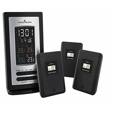 Image of Precision Radio Controlled Multi Temperature Digital Clock with Alarm and Snooze Function, Date Display &amp; 3 Remote Sensors, Black Grey, One Size, (PREC0114)