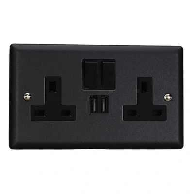 Image of Varilight Urban 2G 13A SP Switched Socket with USB Charging Ports Matt Black (Standard Plate)