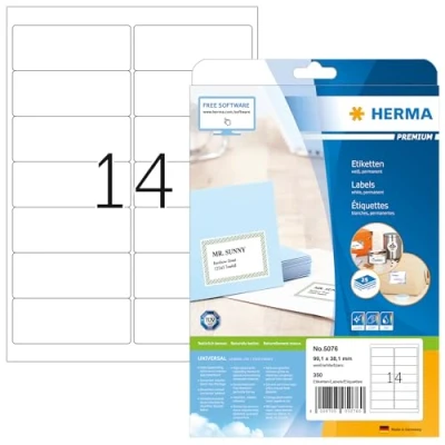 Image of HERMA Self Adhesive Multipurpose Labels, 14 Labels per A4 Sheet, 25 Sheets, 99.1 x 38.1 mm, 350 Blank Universal Stickers, Sticky for Laser &amp; Inkjet Printer, White