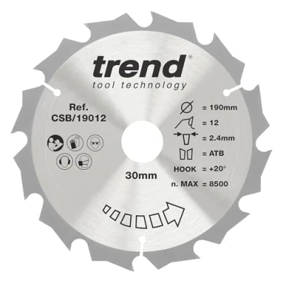 Image of Trend Wood Circular Saw Blade, 190mm Diameter, 30mm Bore, 12 Teeth, TCT, 2.4mm Kerf, +15 Hook, CSB/19012