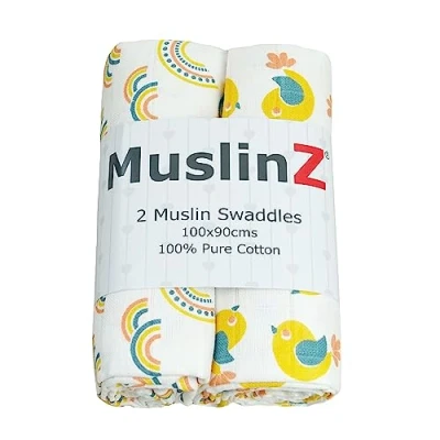 Image of MuslinZ Baby Muslin Squares, Soft, Breathable and Absorbent Newborn Receiving Blanket, Swaddles XL 100x90cms 100% Cotton (2 Pack) (Scandi Rainbow)
