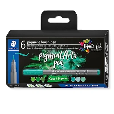 Image of STAEDTLER 371 C6 3 Pigment Arts Brush Pen Assorted Green &amp; Turquoise Colours (Pack of 6)