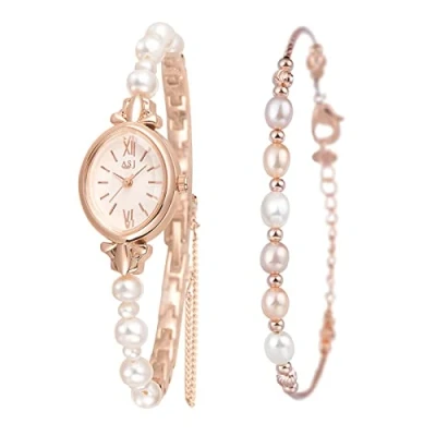 Image of JewelryWe Women Bangle Bracelet Watch Set Pearl Oval Quartz Analog Dress Watches
