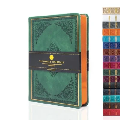 Image of VICTORIA&#039;S JOURNALS Leatherette Vintage Journal Hard Cover Lined Notebook Old Looking Travel Diary (Dark Green, B6)