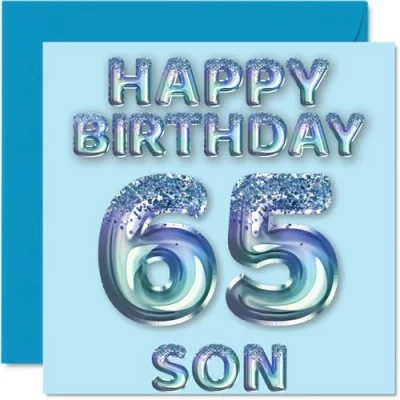 Image of 65th Birthday Card for Son Blue Glitter Party Balloons Happy Cards 65 Year Old from Mum Dad Parents, 145mm x Bday Greeting Gift