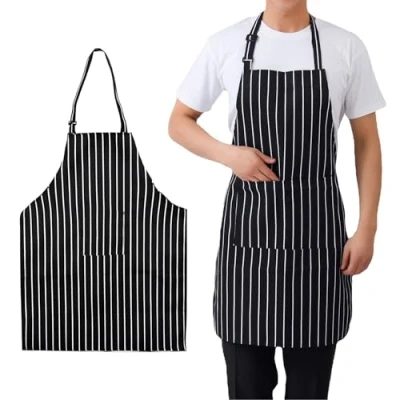 Image of DALAETUS 2 Pcs Adjustable Aprons, Chef Aprons with Pocket, Unisex Bib Black &amp; White Striped Kitchen Butchers for Women, Men, Home Restaurant Coffee House Gardening