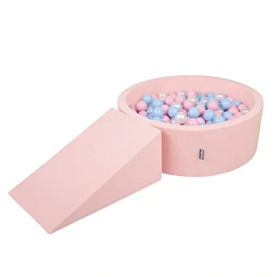 Image of KiddyMoon Foam Playground For Kids With Round Ballpit (100 Balls ∅ 7Cm/2.75In) Soft Obstacles Course And Ball Pool Made In EU, Pink:Babyblue/Powder Pink/Pearl
