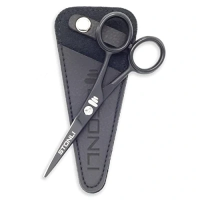 Image of STONLI 4.5 inches Beard and Moustache Scissors Nose Hair Trimming Stainless Steel Scissors, Safety Use for Eyebrows &amp; Ear (Black)