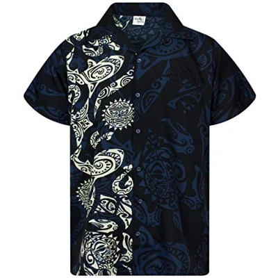 Image of King Kameha Classic Modern Hawaiian Shirt for Men Front Pocket Casual Aloha Shirts, Maori Wedding, Black, M