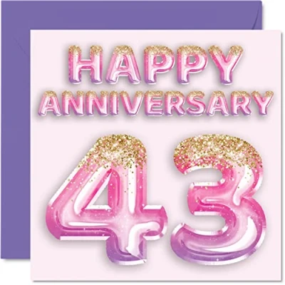 Image of Pretty 43rd Anniversary Card for Wife Girlfriend Husband Boyfriend Pink Purple Glitter Balloons Happy 43 Cards from Family, 145mm x Greeting Forty Third Anniversaries