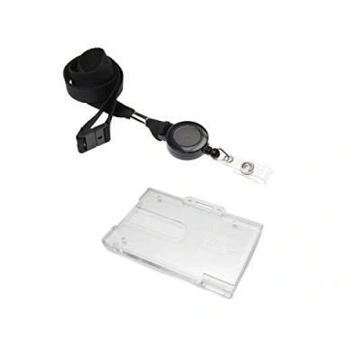 Image of ID Card It Lanyard Neck Strap with Safety Breakaway, Retractable Reel and Pass Badge Holder Enclosed for Work, Office, Security (Black Horiz Buddy)