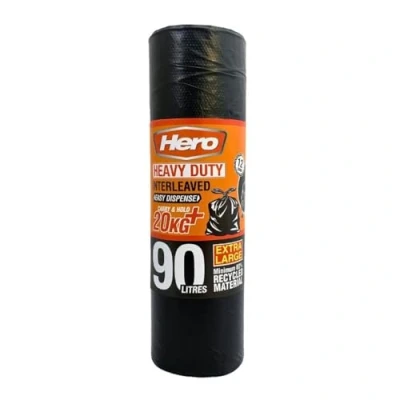 Image of Hero 90L Extra Heavy Duty Bin bags Refuse Sacks Black 12 per roll Interleaved Recycled Liners Household, Garden &amp; Commercial Use