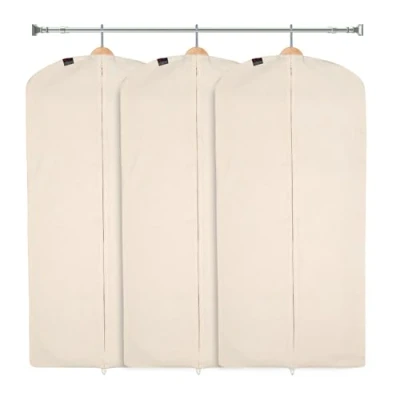 Image of CARASELLE Deluxe 100% Natural Cotton Clothes Cover Protector Bag with Zip, Moth Proof Garment Covers Wardrobe Storage for Suits/Long Dress Women (123 x 57 cm, pack of 3)