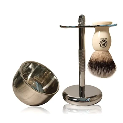 Image of Premium Shaving Brush Kit 3 in 1 Set for Men Includes Badger Synthetic Hair Brush,Stainless Steel Soap Bowl and Stand Mens Gift Set(Ivory White)