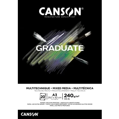 Image of CANSON Graduate Mixed Media Black Paper Pad A3, 240gsm 20 Sheets, Lettering, Illustration &amp; Drawing, Ideal for Student Artists