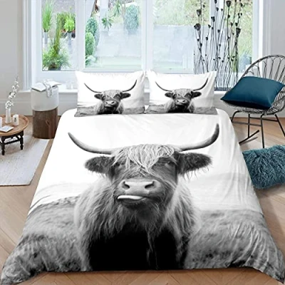 Image of Homewish Highland Cow Comforter Cover Double Size Farmhouse Animal Milk Bedding Set Funny Cute Duvet Wildlife Quilt Gray White Room Decor