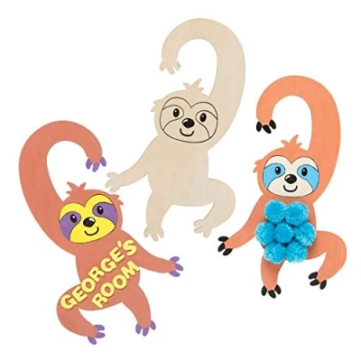 Image of Baker Ross FE428 Sloth Colour in Wooden Door Hangers Pack of 4, Crafts for Kids to Decorate and Display