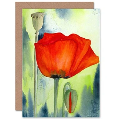 Image of Wee Blue Coo POPPY FLOWER PAINTING WATERCOLOUR RED BLANK GREETINGS BIRTHDAY CARD ART