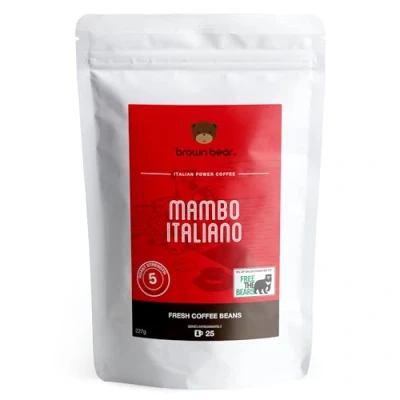Image of Strong Espresso Dark Roast Coffee Beans 227g Strength 5 Mambo Italiano Blend For All Machines Brown Bear Donation to Free The Bears