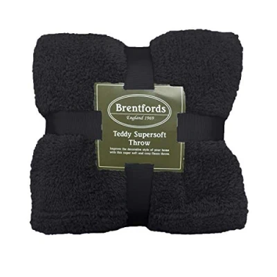 Image of Brentfords Teddy Fleece Blanket Large Throw Over Bed Plush Super Soft Warm Sofa Bedspread, Black 125 x 150 cm