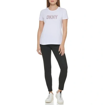 Image of DKNY Women&#039;s Short Sleeve Crew Neck Glitter Tee T Shirt, White, Large