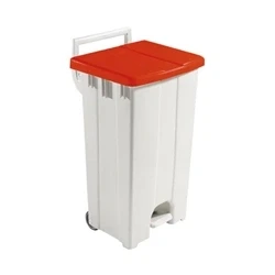Image of Grey 90 Litre Plastic Pedal Bin With Red Lid