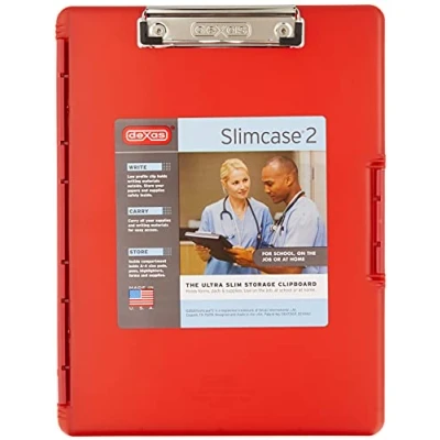 Image of Dexas Slimcase 2 Plastic Clipboard with Storage and Side Opening, Strawberry Red, Office Supplies Clipboards to Organize, Carry Store, A4 Holder, Style Functionality Nursing