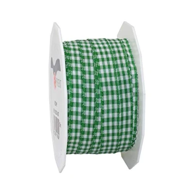 Image of Präsent Vichy Wired Ribbon Green White 10 mm Width, 20 m Length