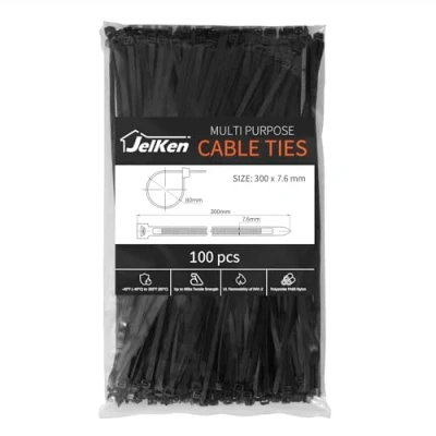 Image of JelKen 100 Pack Black Cable Ties, 300mm x 7.6mm, 12&quot; Premium Nylon Tie Wraps, Self Locking Heavy Duty Zip Ties for Home Office and Garden