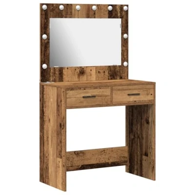 Image of vidaXL Rustic Wood Dressing Table Brown Engineered Vanity with Mirror and LED Light Bedroom Makeup Desk Storage
